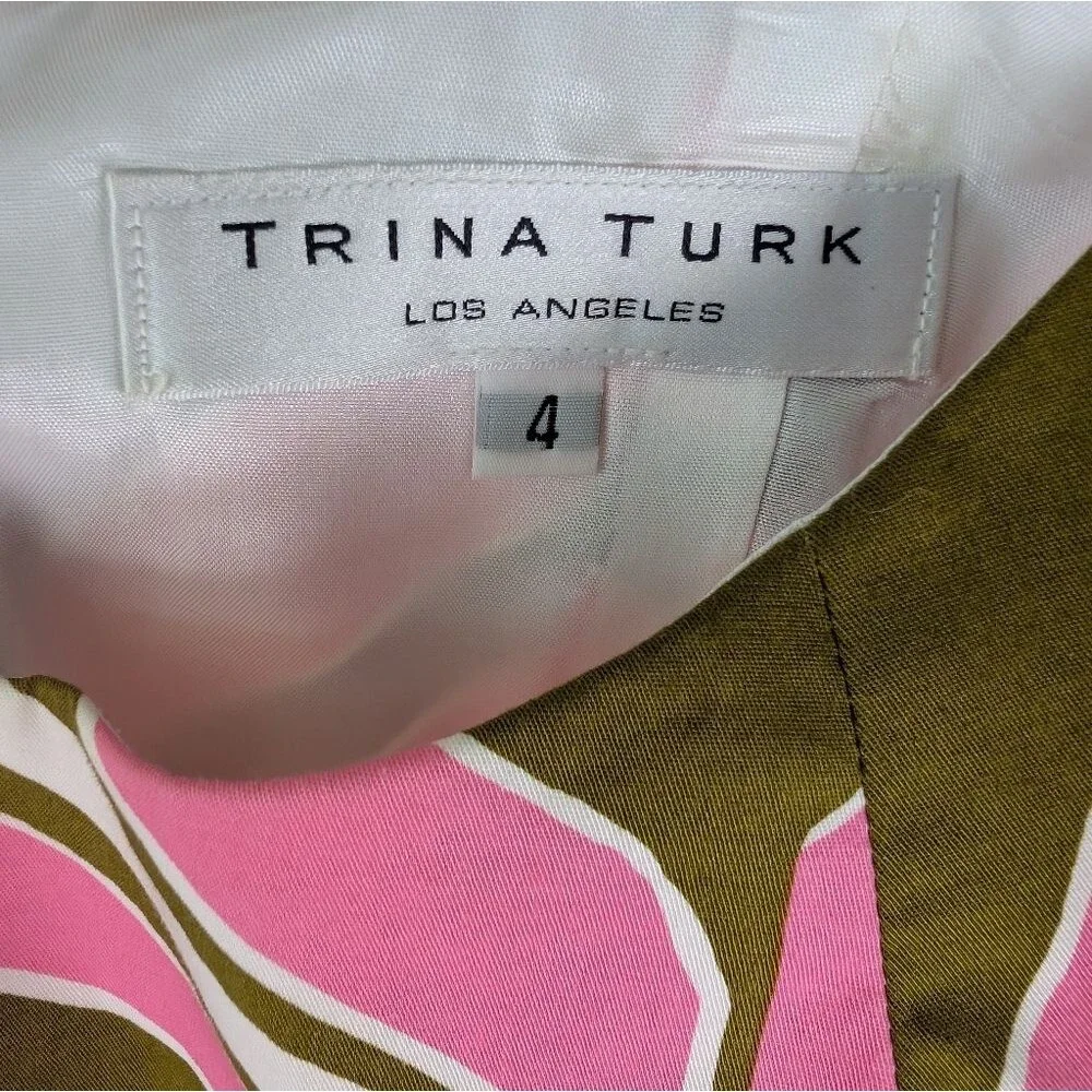 Trina Turk Dress Women's Size 4 Pink Olive White Abstract Cotton Sleeveless - Picture 9 of 11